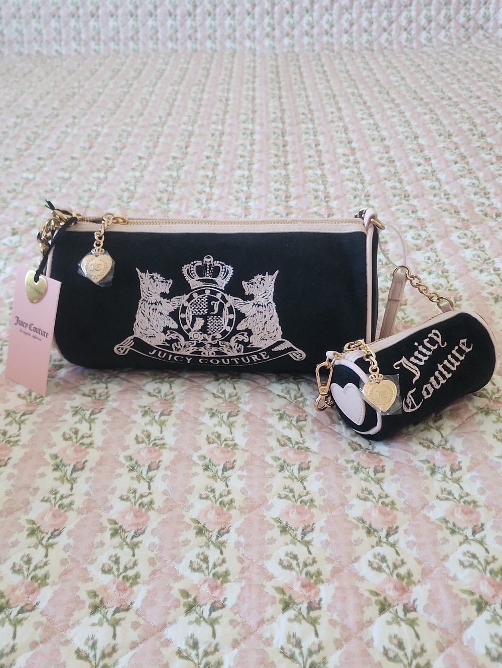 NWT Juicy Couture Black Velvet Light Pink Choose Scootie Dogs Barrel Satchel Bag